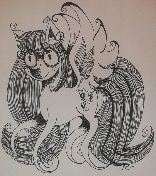 Size: 1348x1520 | Tagged: safe, artist:lmoustache, derpibooru import, oc, oc:tulipa, unofficial characters only, pegasus, pony, contest entry, curly eyelashes, female, freckles, image, ink drawing, jpeg, mare, monochrome, smiling, solo, spread wings, tim burton, traditional art, wings