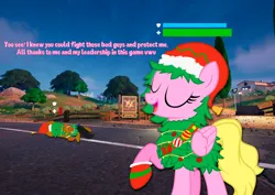 Size: 8910x6300 | Tagged: safe, derpibooru import, oc, oc:dariusii, oc:dia, unofficial characters only, pegasus, christmas, family guy death pose, fortnite, hat, health bars, holiday, image, jpeg, santa hat, text