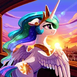 Size: 4096x4096 | Tagged: safe, ai content, derpibooru import, machine learning generated, stable diffusion, princess celestia, alicorn, pony, absurd resolution, balcony, beautiful, canterlot castle, chest fluff, cute, cutelestia, ethereal mane, evening, female, floppy ears, g4, generator:pony diffusion v6 xl, generator:purplesmart.ai, image, jewelry, lens flare, looking away, mare, pixel art, png, prompter:paajbach, regalia, smiling, solo, spread wings, sunset, white fur, wings