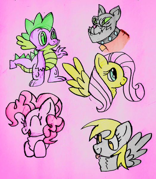 Size: 1785x2043 | Tagged: safe, artist:ferrets88, derpibooru import, derpy hooves, fluttershy, pinkie pie, rover, spike, diamond dog, dragon, earth pony, pegasus, pony, :p, chest fluff, derpibooru exclusive, doodles, g4, image, pink background, png, simple background, tongue out, traditional art