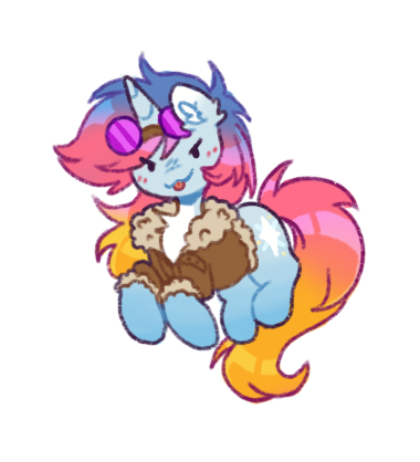 Size: 380x418 | Tagged: safe, artist:flixanoa, derpibooru import, oc, oc:sunset skies, pony, unicorn, bomber jacket, chibi, clothes, doodle, ear fluff, goggles, gradient mane, image, jacket, png, sticker