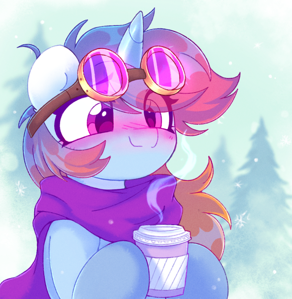 Size: 1117x1142 | Tagged: safe, artist:flixanoa, derpibooru import, oc, oc:sunset skies, unofficial characters only, pony, unicorn, blushing, chocolate, clothes, coffee cup, cup, food, goggles, gradient mane, happy, hot chocolate, image, jacket, png, scarf, solo