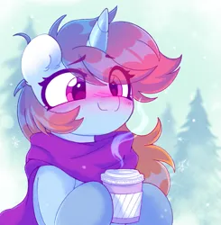 Size: 1117x1142 | Tagged: safe, alternate version, artist:flixanoa, derpibooru import, oc, oc:sunset skies, unofficial characters only, unicorn, blushing, chocolate, clothes, coffee cup, cup, food, gradient mane, happy, hot chocolate, image, png, scarf, solo