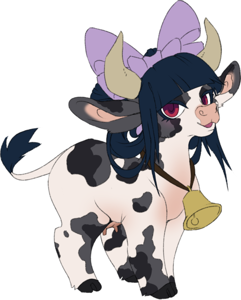Size: 1030x1280 | Tagged: safe, artist:jennithedragon, derpibooru import, oc, oc:mookery, unofficial characters only, cow, pony, accessory, bell, big bow, blue hair, blue mane, bow, cloven hooves, cow ears, cow horns, cow oc, cow tail, cowbell, digital art, ears, eyelashes, female, floppy ears, hair bow, horns, image, long ears, looking at you, mottled coat, open mouth, open smile, png, red eyes, simple background, smiling, solo, standing, tail, transparent background, udder