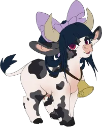 Size: 1030x1280 | Tagged: safe, artist:jennithedragon, derpibooru import, oc, oc:mookery, unofficial characters only, cow, pony, accessory, bell, big bow, blue hair, blue mane, bow, cloven hooves, cow ears, cow horns, cow oc, cow tail, cowbell, digital art, ears, eyelashes, female, floppy ears, hair bow, horns, image, long ears, looking at you, mottled coat, open mouth, open smile, png, red eyes, simple background, smiling, solo, standing, tail, transparent background, udder