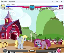 Size: 642x532 | Tagged: safe, artist:fimroots, derpibooru import, derpy hooves, pinkie pie, earth pony, pegasus, fighting is magic, g4, game screencap, image, knife, pinkamena diane pie, png, squint, sweet apple acres