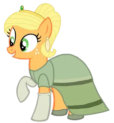 Size: 1280x1381 | Tagged: safe, artist:mlp-headstrong, derpibooru import, applejack, earth pony, pony, alternate hairstyle, applejack also dresses in style, clothes, crown, dress, ear piercing, earring, evening gloves, female, freckles, gloves, grin, image, jewelry, long gloves, mare, piercing, png, raised hoof, regalia, smiling, solo, the princess and the frog, tiana