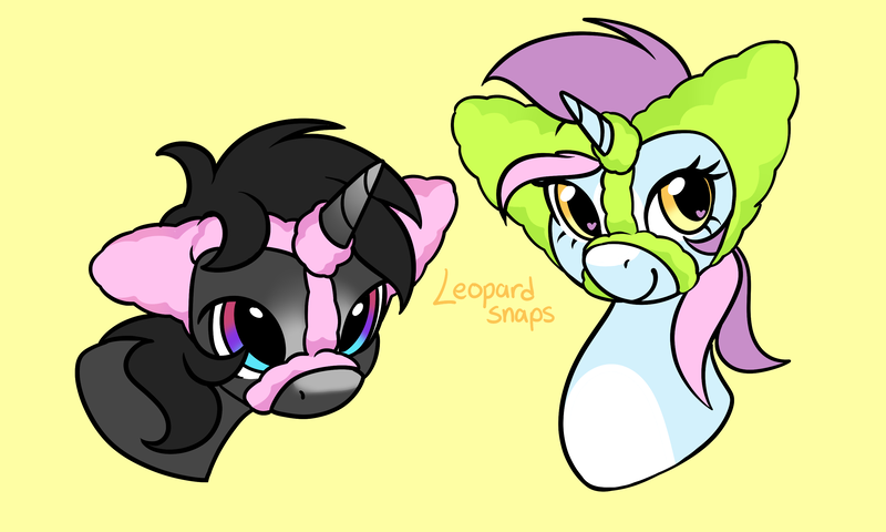 Size: 3000x1800 | Tagged: safe, artist:leopardsnaps, derpibooru import, oc, oc:bright hope, oc:crystal nightshine, unofficial characters only, pony, unicorn, black hair, blaze (coat marking), coat markings, duo, ear warmers, facial markings, gradient horn, head only, horn, image, multicolored hair, png, redraw, simple background