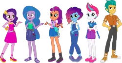 Size: 2570x1337 | Tagged: safe, artist:tylerajohnson352, derpibooru import, hitch trailblazer, izzy moonbow, pipp petals, sunny starscout, zipp storm, human, equestria girls, g5, clothes, female, humane six (g5), image, male, misty brightdawn, png, simple background, transparent background