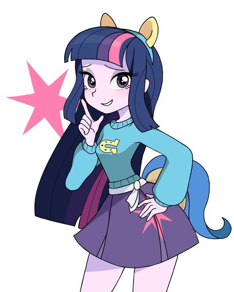 Size: 1642x2048 | Tagged: safe, artist:cheesesauce_45, derpibooru import, twilight sparkle, human, equestria girls, clothes, fake tail, g4, grin, hand on hip, image, jpeg, lidded eyes, looking at you, pony ears, simple background, skirt, smiling, smiling at you, solo, sweater, white background, wondercolts uniform