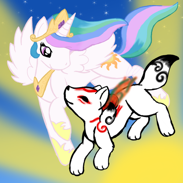 Size: 1024x1025 | Tagged: dead source, source needed, safe, artist:fuzzballpup, derpibooru import, princess celestia, alicorn, deity, dog, pony, amaterasu, chibiterasu, crossover, cute, duo, duo male and female, female, g4, hoof shoes, horn, image, jewelry, looking at each other, looking at someone, male, mare, peytral, png, princess shoes, raised hoof, spread wings, stars, tail, tiara, wings, ōkamiden