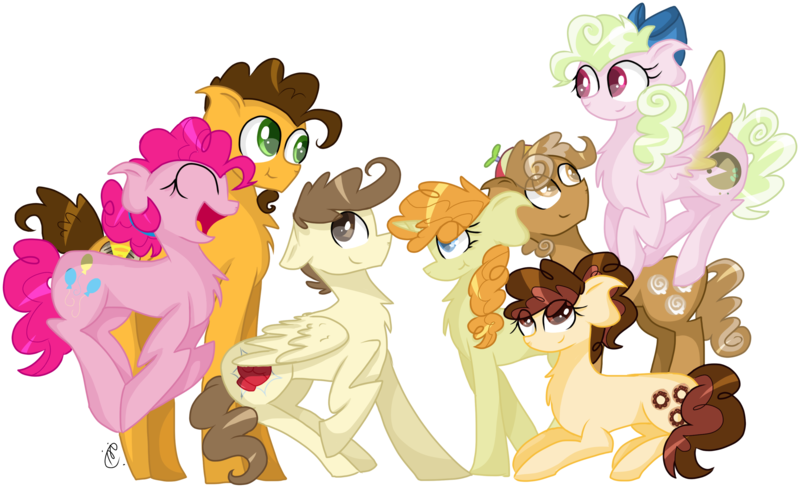 Size: 3175x1936 | Tagged: safe, artist:gallantserver, derpibooru import, cheese sandwich, pinkie pie, pound cake, pumpkin cake, oc, oc:cinnamon cream, oc:key lime pie, oc:puff pastry, earth pony, pegasus, pony, unicorn, cheesepie, female, image, male, offspring, older, parent:cheese sandwich, parent:pinkie pie, parents:cheesepie, png, shipping, simple background, straight, transparent background