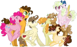 Size: 3175x1936 | Tagged: safe, artist:gallantserver, derpibooru import, cheese sandwich, pinkie pie, pound cake, pumpkin cake, oc, oc:cinnamon cream, oc:key lime pie, oc:puff pastry, earth pony, pegasus, pony, unicorn, cheesepie, female, image, male, offspring, older, parent:cheese sandwich, parent:pinkie pie, parents:cheesepie, png, shipping, simple background, straight, transparent background
