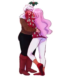 Size: 2000x2366 | Tagged: safe, artist:starsbursts, derpibooru import, fluttershy, gilda, human, alternate hairstyle, blushing, boots, christmas, christmas sweater, clothes, commission, dark skin, denim, duo, female, flustered, fur coat, gildashy, hand on face, holiday, holly, holly mistaken for mistletoe, hug, humanized, image, jacket, jeans, kiss mark, lesbian, lipstick, makeup, pants, png, shipping, shirt, shoes, simple background, socks, sweater, white background