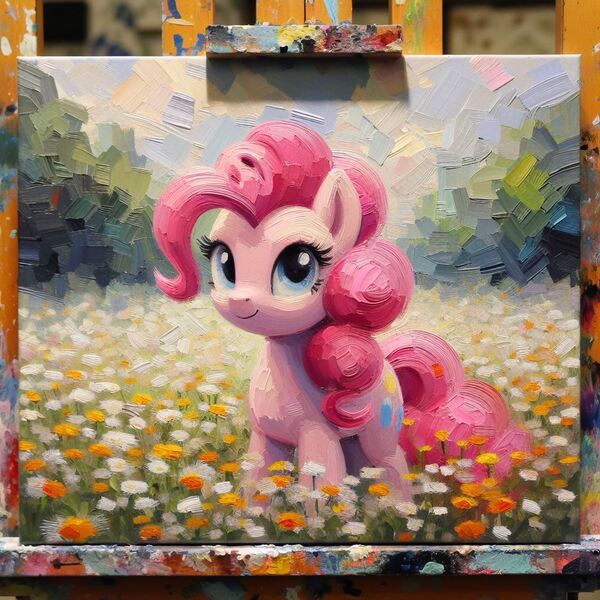 Size: 1024x1024 | Tagged: safe, ai content, derpibooru import, machine learning generated, prompter:stevebriney, pinkie pie, earth pony, pony, canvas, flower, image, jpeg, painting, solo, tree