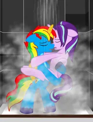 Size: 5299x6926 | Tagged: suggestive, artist:shieldwingarmorofgod, derpibooru import, starlight glimmer, oc, oc:shield wing, alicorn, alicornified, female, image, kissing, making out, male, png, race swap, sex, ship:shieldglimmer, shipping, shower, shower sex, starlicorn, steam, xk-class end-of-the-world scenario