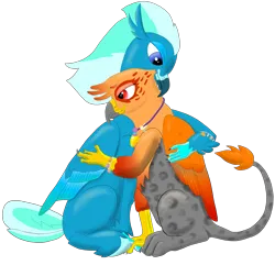 Size: 2320x2232 | Tagged: safe, artist:jack-varus, derpibooru import, oc, oc:ocean squall, oc:pyra, unofficial characters only, classical hippogriff, gryphon, hippogriff, derpibooru community collaboration, 2024 community collab, female, griffon oc, hippogriff oc, hug, image, jewelry, male, png, simple background, transparent background