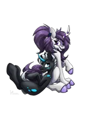 Size: 3280x4720 | Tagged: safe, artist:stirren, derpibooru import, oc, oc:stirren, oc:weel'kha, kirin, pony, unicorn, derpibooru community collaboration, 2024 community collab, curved horn, duo, horn, image, kirin oc, png, unicorn oc