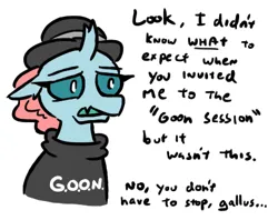 Size: 473x374 | Tagged: suggestive, artist:jargon scott, derpibooru import, ocellus, changedling, changeling, bowler hat, bust, clothes, dialogue, female, hat, image, implied gallus, png, shirt, simple background, solo, white background