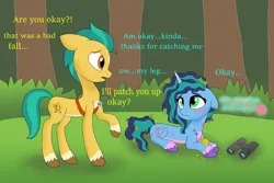 Size: 1280x855 | Tagged: safe, artist:bluestar386, derpibooru import, hitch trailblazer, earth pony, pony, unicorn, g5, alternate hairstyle, binoculars, blushing, dialogue, female, forest, heart, image, injured, looking at each other, looking at someone, male, mare, misty brightdawn, mistyhitch, nature, png, shipping, stallion, straight, tree, wavy mane