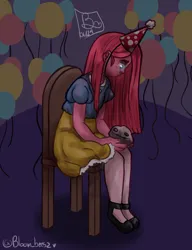 Size: 1140x1488 | Tagged: safe, artist:bloom_beesz, derpibooru import, pinkie pie, human, party of one, balloon, crying, hat, image, party hat, png, sad, sitting, solo