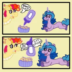 Size: 1200x1200 | Tagged: safe, artist:mintwhistle, derpibooru import, izzy moonbow, dragon, pony, unicorn, g5, 2 panel comic, colored hooves, comic, confused, conversation, dialogue, dragoness, duo, duo female, fangs, female, food, french fries, glow, glowing horn, horn, horns, image, ketchup, luxxe, lying down, magic, magic aura, mare, medibang paint, missing accessory, missing cutie mark, open mouth, open smile, png, prone, purple, purple ketchup, sauce, silly, simple background, smiling, speech bubble, sploot, talking, telekinesis, unshorn fetlocks, wat, yellow background