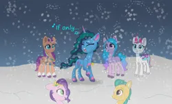 Size: 1280x780 | Tagged: safe, artist:bluestar386, derpibooru import, hitch trailblazer, izzy moonbow, pipp petals, sunny starscout, zipp storm, earth pony, ghost, ghost pony, pegasus, pony, undead, unicorn, g5, alternate hairstyle, applejack (g5), dialogue, female, fluttershy (g5), image, jpeg, male, mane five, mane six (g5), mare, misty brightdawn, misty saddawn, pinkie pie (g5), rainbow dash (g5), rarity (g5), sad, singing, snow, snowfall, stallion, twilight sparkle (g5), wavy mane