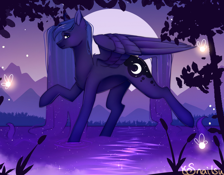 Size: 1095x854 | Tagged: safe, artist:snailswails, derpibooru import, princess luna, alicorn, firefly (insect), insect, pony, female, full moon, image, jpeg, mare, moon, night, profile, raised hoof, signature, solo, tree, wet, wet mane