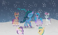 Size: 2160x1316 | Tagged: safe, artist:bluestar386, derpibooru import, hitch trailblazer, izzy moonbow, pipp petals, sunny starscout, zipp storm, earth pony, ghost, ghost pony, pegasus, pony, undead, unicorn, g5, 2022, alternate hairstyle, applejack (g5), dialogue, female, fluttershy (g5), image, male, mane five, mane six (g5), mare, misty brightdawn, misty saddawn, old art, pinkie pie (g5), png, rainbow dash (g5), rarity (g5), sad, singing, snow, snowfall, stallion, twilight sparkle (g5), wavy mane