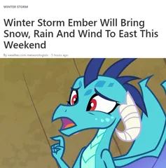 Size: 1083x1097 | Tagged: safe, derpibooru import, edit, screencap, princess ember, dragon, triple threat, confused, dragoness, female, image, jpeg, solo, text, the weather channel, winter storm ember
