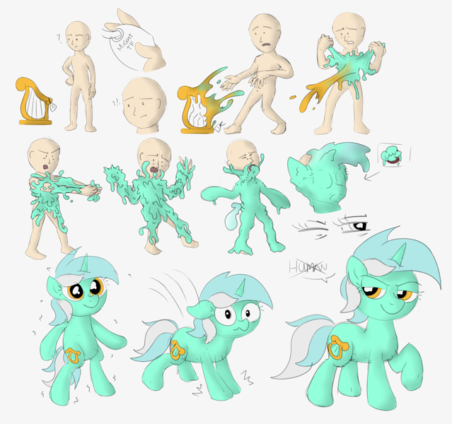 Size: 5121x4811 | Tagged: suggestive, artist:tomlooksatstuff, derpibooru import, lyra heartstrings, goo, human, pony, unicorn, bipedal, image, lyre, musical instrument, png, sequence, simple background, slime, solo, transformation, transformation sequence, transgender transformation, white background