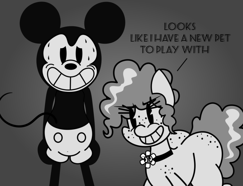 Size: 1671x1280 | Tagged: suggestive, artist:isaac_pony, derpibooru import, oc, oc:flower tie, earth pony, mouse, pony, rat, 30s, black and white, black and white cartoon, butt, butt freckles, cartoon, cartoon physics, clothes, crossover, dialogue, female, flower, freckles, grayscale, huge butt, image, large butt, latex, latex socks, mickey mouse, monochrome, png, rubber hose animation, smiling, socks, sweat, tail, vintage, worried, worried smile