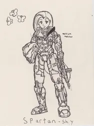 Size: 469x623 | Tagged: safe, artist:la-souffrance, artist:lasouffrance, artist:william melchar, derpibooru import, fluttershy, human, armor, crossover, cutie mark, gun, halo (series), helmet, humanized, image, jpeg, long hair, monochrome, power armor, spartan, weapon