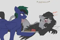 Size: 3000x2000 | Tagged: suggestive, artist:nsilverdraws, derpibooru import, oc, oc:ender, oc:noctis vanguard, dracony, dragon, hybrid, pegasus, pony, series:ender's penis inspection, bite mark, blushing, butt blush, dialogue, drink, explicit source, female, food, high res, image, implied sex, kyrion, lying down, male, mare, pegasus oc, png, side, stallion, straight, text, wings