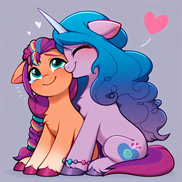 Size: 4096x4096 | Tagged: safe, ai content, derpibooru import, machine learning generated, prompter:catu, stable diffusion, izzy moonbow, sunny starscout, earth pony, pony, unicorn, g5, biting, blushing, chest fluff, crying, cuddling, cute, daaaaaaaaaaaw, eyes closed, female, floating heart, generator:pony diffusion v6 xl, generator:purplesmart.ai, heart, hug, image, izzybetes, kiss on the cheek, kissing, lesbian, png, ship:moonscout, shipping, smiling, sunnybetes, tears of joy