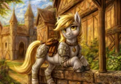 Size: 2304x1600 | Tagged: safe, ai content, anonymous artist, artist:annon, artist:anonymous, machine learning generated, stable diffusion, derpy hooves, pony, armor, armored pony, detailed background, feral, fluffy, generator:easyfluff v11.2, generator:easyfluffv11.2, image, looking at you, png, quadrupedal, saddle, solo, tack, village