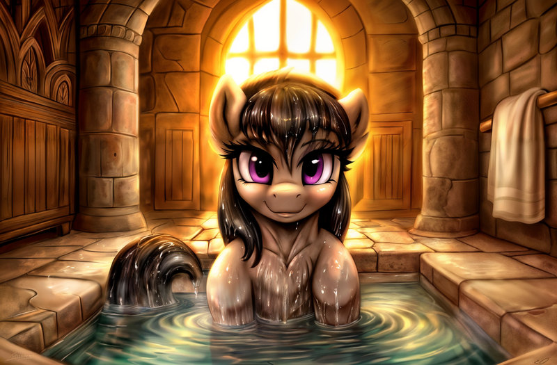 Size: 2048x1344 | Tagged: safe, ai content, anonymous artist, derpibooru import, machine learning generated, prompter:anonymous, stable diffusion, octavia melody, earth pony, pony, bath, bathing, bathroom, blushing, castle, chest fluff, detailed, detailed background, ear fluff, female, feral, fluffy, front view, g4, generator:easyfluff v11.2, generator:easyfluffv11.2, high res, human shoulders, image, looking at you, partially submerged, png, purple eyes, quadrupedal, smiling, solo, water, wet, wet fur, wet mane