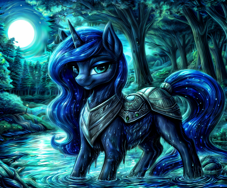 Size: 1694x1407 | Tagged: safe, ai content, machine learning generated, stable diffusion, princess luna, pony, armor, armored pony, detailed, detailed background, dripping, feral, fluffy, forest, generator:easyfluff v11.2, generator:easyfluffv11.2, image, lake, moon, night, outdoors, png, quadrupedal, solo, tree, water, wet, wet fur