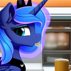 Size: 512x512 | Tagged: safe, ai content, derpibooru import, machine learning generated, stable diffusion, princess luna, alicorn, coffee, cookie, food, generator:pony diffusion v5, image, looking back, png, solo