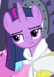 Size: 417x592 | Tagged: safe, derpibooru import, screencap, rarity, twilight sparkle, twilight sparkle (alicorn), alicorn, pony, unicorn, rarity's biggest fan, spoiler:interseason shorts, alternate hairstyle, clothes, cropped, female, g4, image, loose hair, mare, png, robe, solo focus, spa robe, twilight sparkle is not amused, unamused