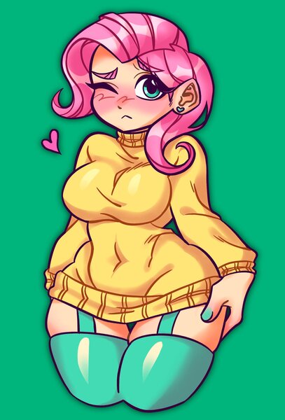 Size: 2068x3049 | Tagged: safe, artist:minky, derpibooru import, fluttershy, human, blushing, breasts, busty fluttershy, clothes, female, green background, high res, humanized, image, jpeg, one eye closed, simple background, solo, sweater, sweatershy, wide hips