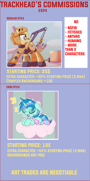 Size: 5000x10000 | Tagged: safe, artist:trackheadtherobopony, derpibooru import, oc, oc:sleepy whistles, oc:trackhead, unnamed oc, pony, robot, robot pony, unicorn, advertisement, clothes, commission info, crane, image, png, scarf