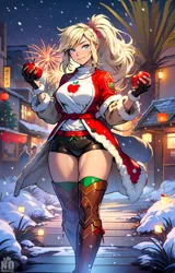 Size: 1536x2407 | Tagged: suggestive, ai content, derpibooru import, machine learning generated, applejack, human, christmas, g4, generator:seaart.ai, hat, holiday, humanized, image, png, prompter:neondash, santa hat