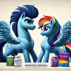 Size: 1024x1024 | Tagged: safe, ai content, derpibooru import, machine learning generated, prompter:*rainbow dash*, rainbow dash, soarin', advertisement, condoms, female, generator:bing image creator, image, male, png, shipping, soarindash, spread wings, sternocleidomastoid, straight, wings