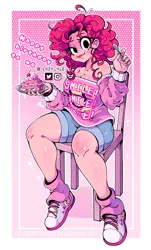 Size: 1930x3191 | Tagged: safe, artist:l4zy_4le, derpibooru import, pinkie pie, human, breasts, busty pinkie pie, cake, chair, cleavage, eating, female, food, happy birthday, high res, humanized, image, jpeg, sitting, solo