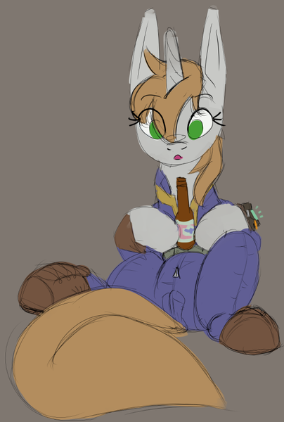 Size: 592x879 | Tagged: suggestive, artist:anonymous, oc, oc:littlepip, pony, unicorn, fallout equestria, /bale/, /mlp/, 4chan, big tail, boots, bottle, brown background, cameltoe, clothes, female, image, large horn, long ears, mare, png, shoes, simple background, sitting, solo, surprised, vault suit