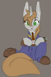 Size: 592x879 | Tagged: suggestive, artist:anonymous, oc, oc:littlepip, pony, unicorn, fallout equestria, /bale/, /mlp/, 4chan, big tail, boots, bottle, brown background, cameltoe, clothes, female, image, large horn, long ears, mare, png, shoes, simple background, sitting, solo, surprised, vault suit
