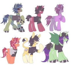 Size: 2680x2384 | Tagged: safe, artist:mxmx fw, derpibooru import, oc, oc:comet shine, oc:midnight ray, unnamed oc, bat pony, bat pony unicorn, donkey, earth pony, hybrid, pony, undead, unicorn, zombie, zombie pony, alternate hair color, alternate hairstyle, bat wings, blood, clothes, cousins, emo, glasses, goth, hoof polish, horn, image, ms paint, png, shirt, simple background, sweater, unshorn fetlocks, white background, wings