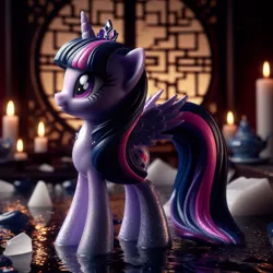 Size: 1024x1024 | Tagged: safe, ai content, derpibooru import, machine learning generated, prompter:morishy1000, twilight sparkle, alicorn, pony, candle, crystal, figure, g4, generator:dall-e 3, image, jewelry, jpeg, solo, tiara, water, wrong cutie mark