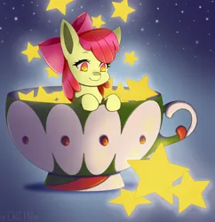 Size: 1920x1980 | Tagged: safe, artist:erein, derpibooru import, apple bloom, earth pony, pony, bow, christmas, clothes, commission, cup, cute, ears up, female, filly, foal, g4, hair bow, holiday, image, jpeg, night, shining, shiny, smiling, snow, snowfall, solo, stars, teacup